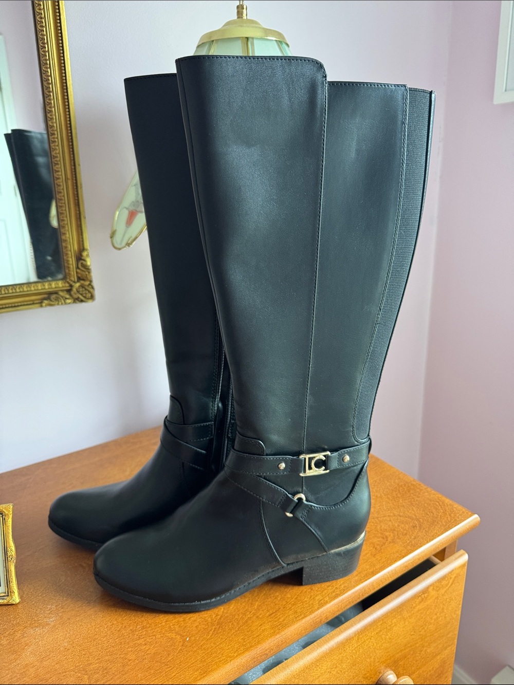 NWT Liz Claiborne Black Leather Over-the-Knee Riding Boots with Gold Accent